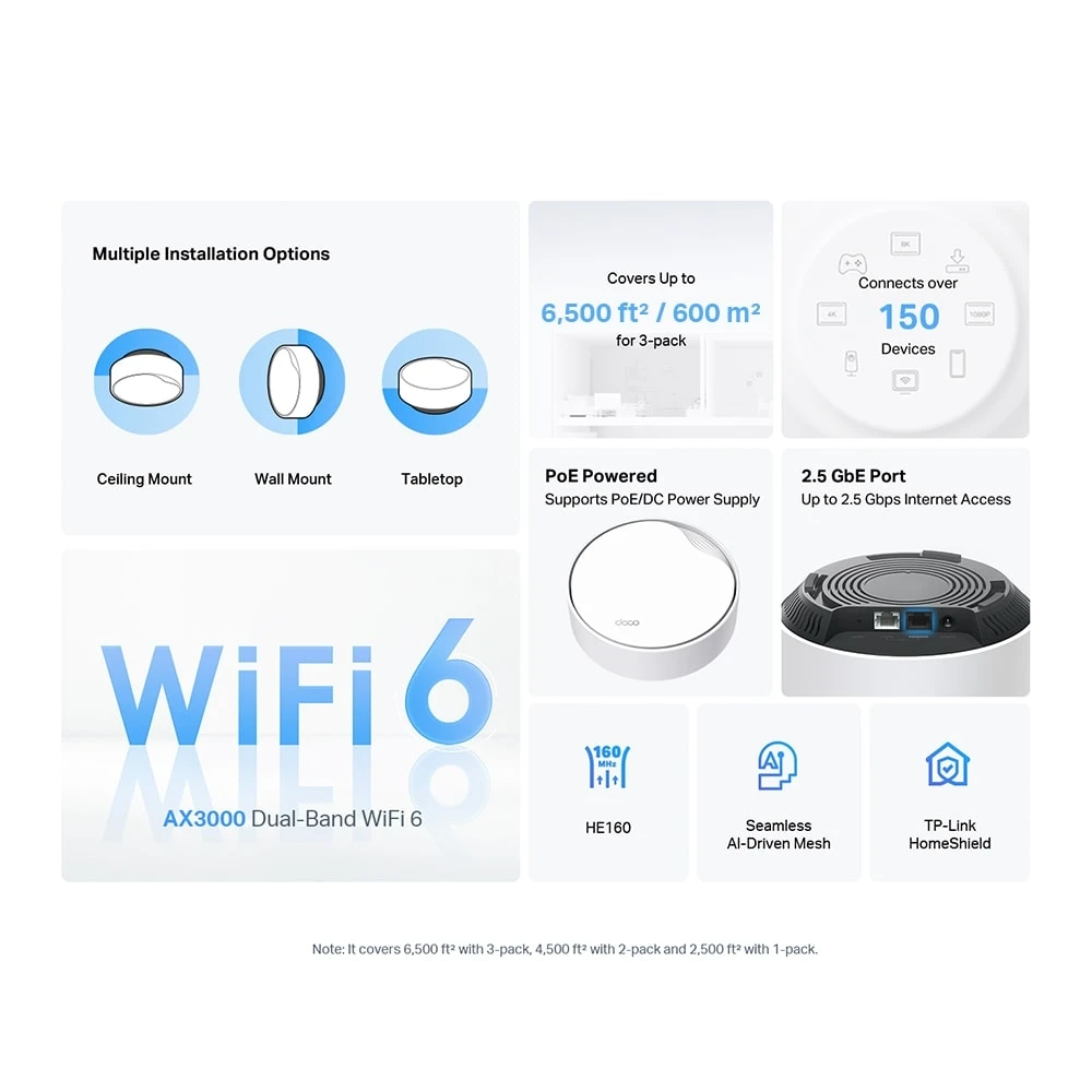 نظام TP-Link Deco X50 AX3000 PoE لشبكة Wi-Fi 6 للمنزل بالكامل (عبوة من 3 قطع)