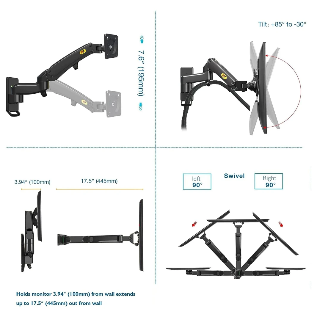 North Bayou F150 Wall Mount Monitor Arm with Gas Spring for 17-35″ Monitors