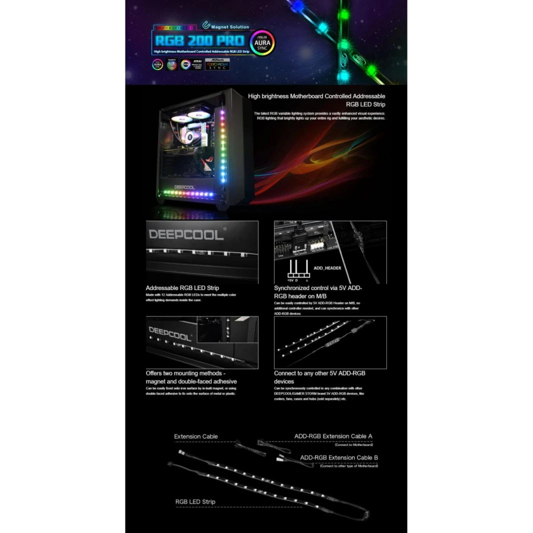 مجموعة إضاءة LED مغناطيسية قابلة للعنونة بألوان RGB 200 PRO من Deepcool (Argb)
