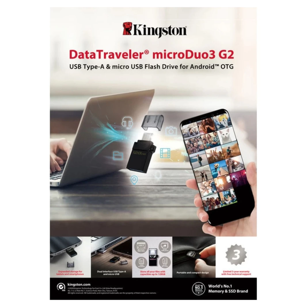 Kingston DataTraveler microDuo3 G2 128GB: ذاكرة MicroUSB مزدوجة وUSB Type-A | Android OTG
