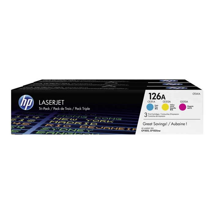 خرطوشة حبر HP 126A الأصلية باللون السماوي والأرجواني والأصفر (CF341A) - عبوة من 3 قطع
