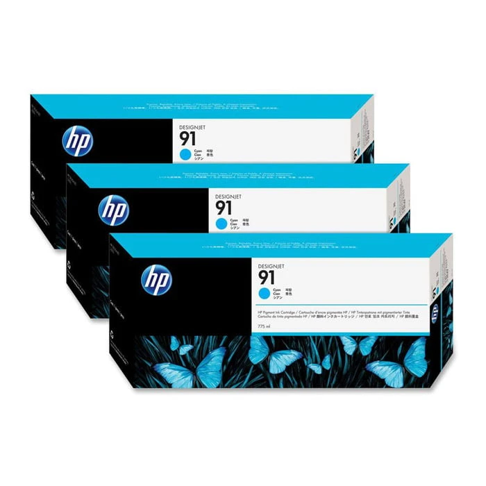 خرطوشة حبر أصلية HP 91 باللون السماوي (C9483A) سعة 775 مل، عبوة من 3 قطع