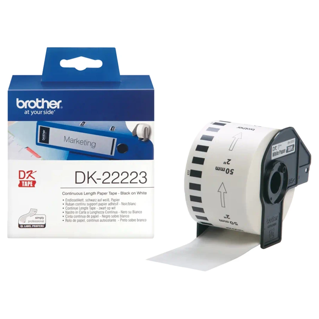 شريط ورقي مستمر أصلي من Brother DK-22223 مقاس 50 مم × 30.48 م باللون الأسود على الأبيض
