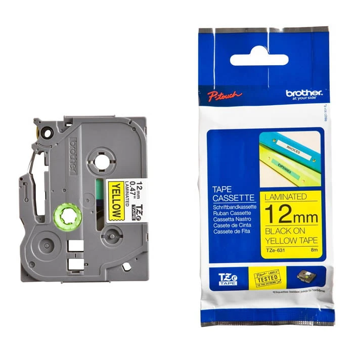 شريط P-Touch الأصلي باللون الأسود على الأصفر من Brother TZE-631 مقاس 12 مم × 8 م