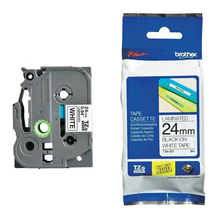 شريط P-Touch الأصلي باللون الأسود على الأبيض من Brother TZE-251 مقاس 24 مم × 8 م
