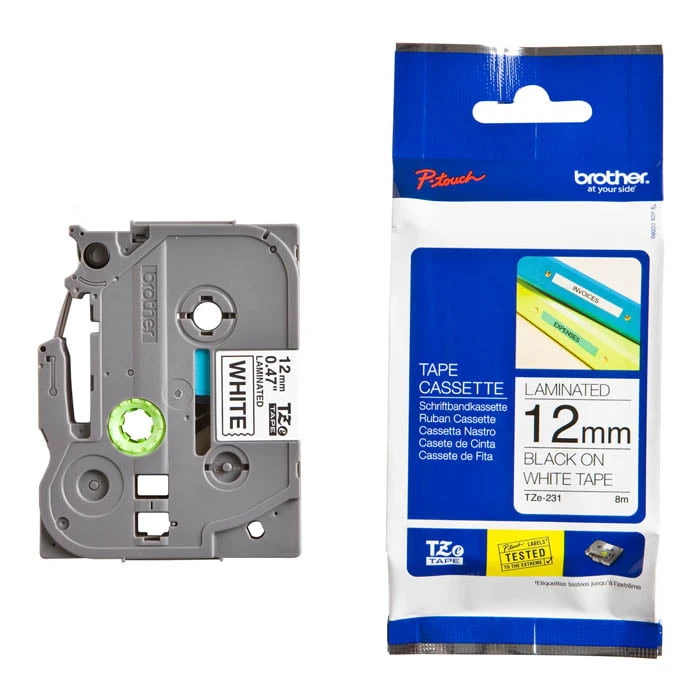 شريط P-Touch الأصلي باللون الأسود على الأبيض من Brother TZE-231 مقاس 12 مم × 8 م