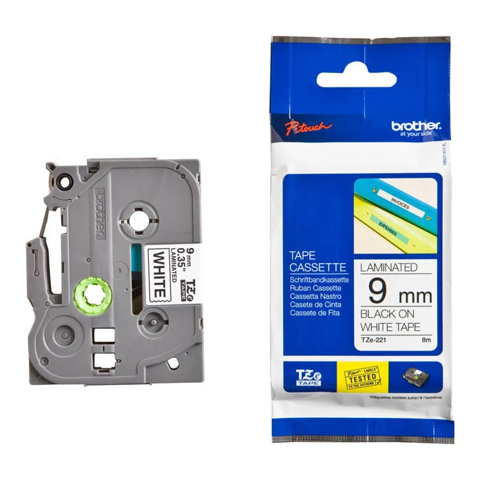 شريط Brother TZE-221 P-Touch الأصلي باللون الأسود على الأبيض مقاس 9 مم × 8 م