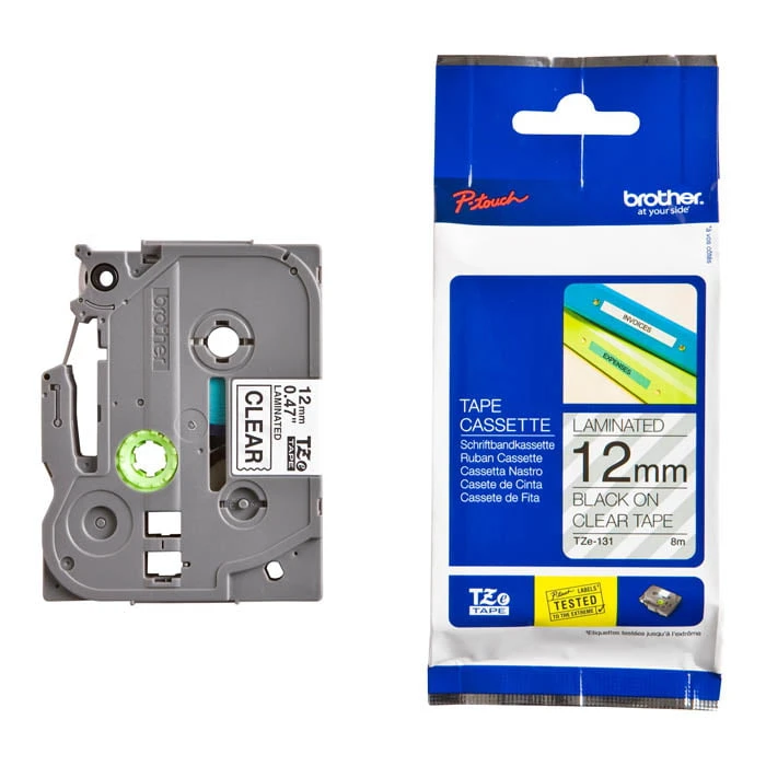 شريط P-Touch الأصلي من Brother TZE-131 باللون الأسود على شريط شفاف مقاس 12 مم × 8 م