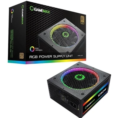 وحدة تزويد الطاقة GameMax ARGB 1050W PSU 140 مم مع مصابيح LED ARGB 80 PLUS Gold كاملة الوحدات - أسود
