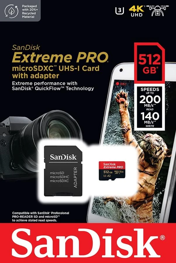 ذاكرة SD صغيرة SANDISK EXTREME PRO سعة 512 جيجابايت بسرعة قراءة 200 ميجابايت/ثانية وكتابة 140 ميجابايت/ثانية