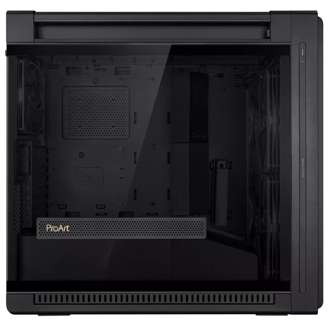 ASUS ProArt PA602 E-ATX، حامل مبرد مقاس 420 مم، وعلبة ألعاب مثبتة مسبقًا مقاس 140 مم وعلبتان مقاس 200 مم