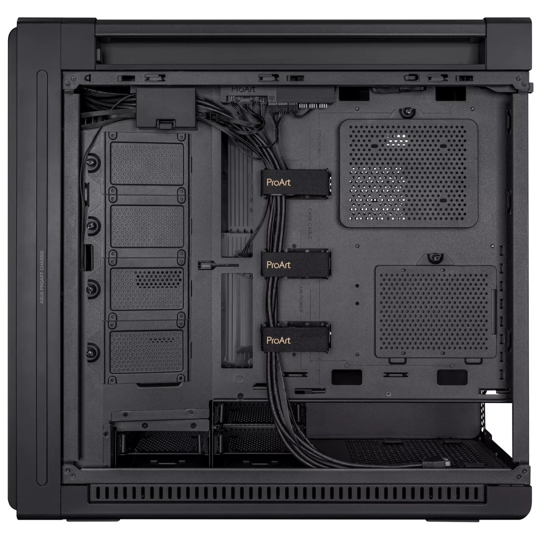 ASUS ProArt PA602 E-ATX، حامل مبرد مقاس 420 مم، وعلبة ألعاب مثبتة مسبقًا مقاس 140 مم وعلبتان مقاس 200 مم