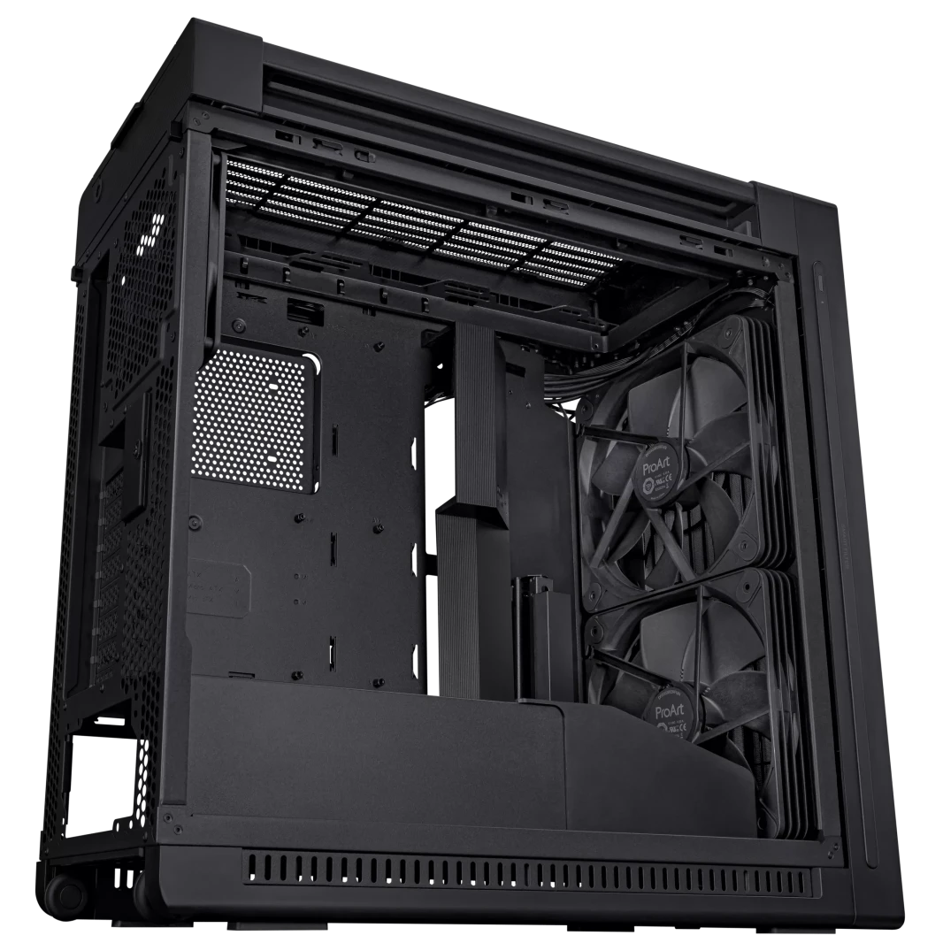 ASUS ProArt PA602 E-ATX، حامل مبرد مقاس 420 مم، وعلبة ألعاب مثبتة مسبقًا مقاس 140 مم وعلبتان مقاس 200 مم