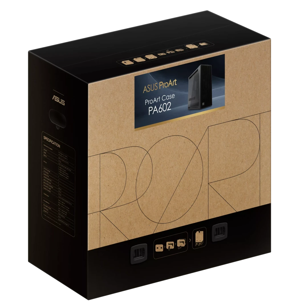 ASUS ProArt PA602 E-ATX، حامل مبرد مقاس 420 مم، وعلبة ألعاب مثبتة مسبقًا مقاس 140 مم وعلبتان مقاس 200 مم