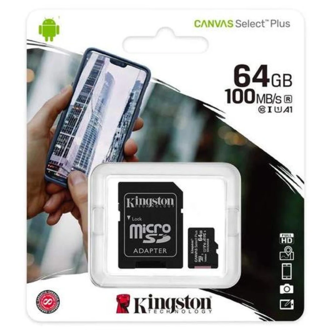 بطاقة ذاكرة كينجستون ميكرو SDXC Canvas Select Plus A1 Class 10 بسعة 64 جيجابايت