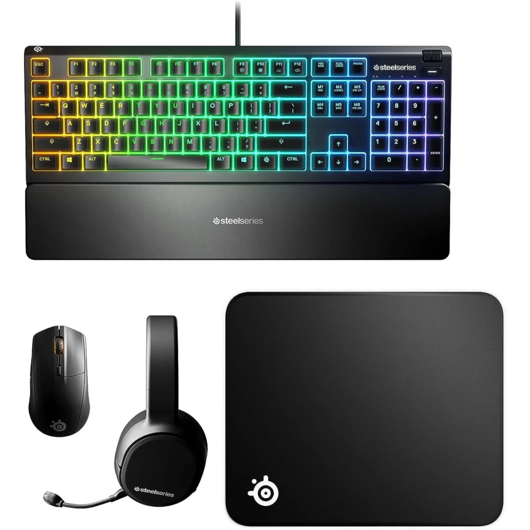SteelSeries Ultimate Gaming Bundle - 4 piece set (Headset Arctis 1 Wireless + Keyboard APEX 3 + Mouse RIVAL 3 Wireless + Mouse pad QcK MEDIUM)
