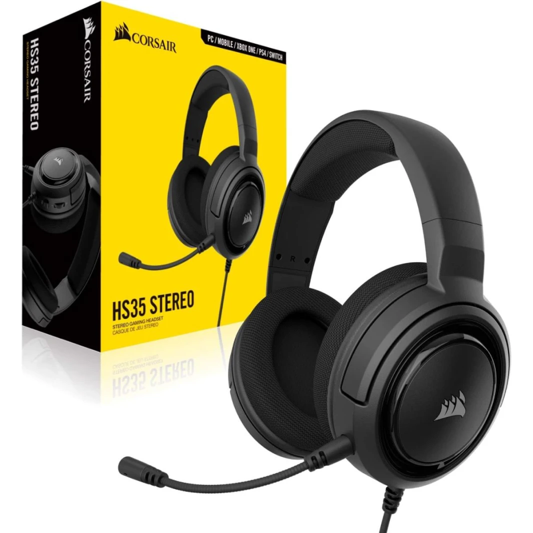 سماعة رأس ألعاب ستيريو Corsair HS35 - وسائد أذن من إسفنج الذاكرة - تعمل مع أجهزة الكمبيوتر الشخصية وأجهزة Mac وXbox Series X/ S وXbox One وPS5 وPS4 وNintendo Switch وiOS وAndroid - كربون