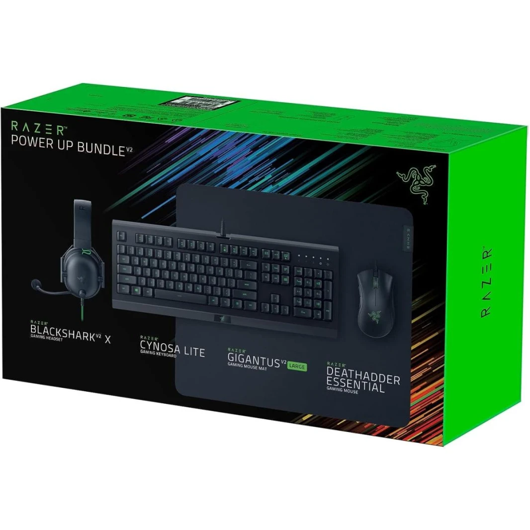 مجموعة RAZER Power Up Bundle V2 - تخطيط الولايات المتحدة (لوحة مفاتيح الألعاب Cynosa Lite، لوحة Mpuse للألعاب Gigantus V2 كبيرة، ماوس الألعاب DeathAdder Essential، سماعة الألعاب BlackShark V2 X)