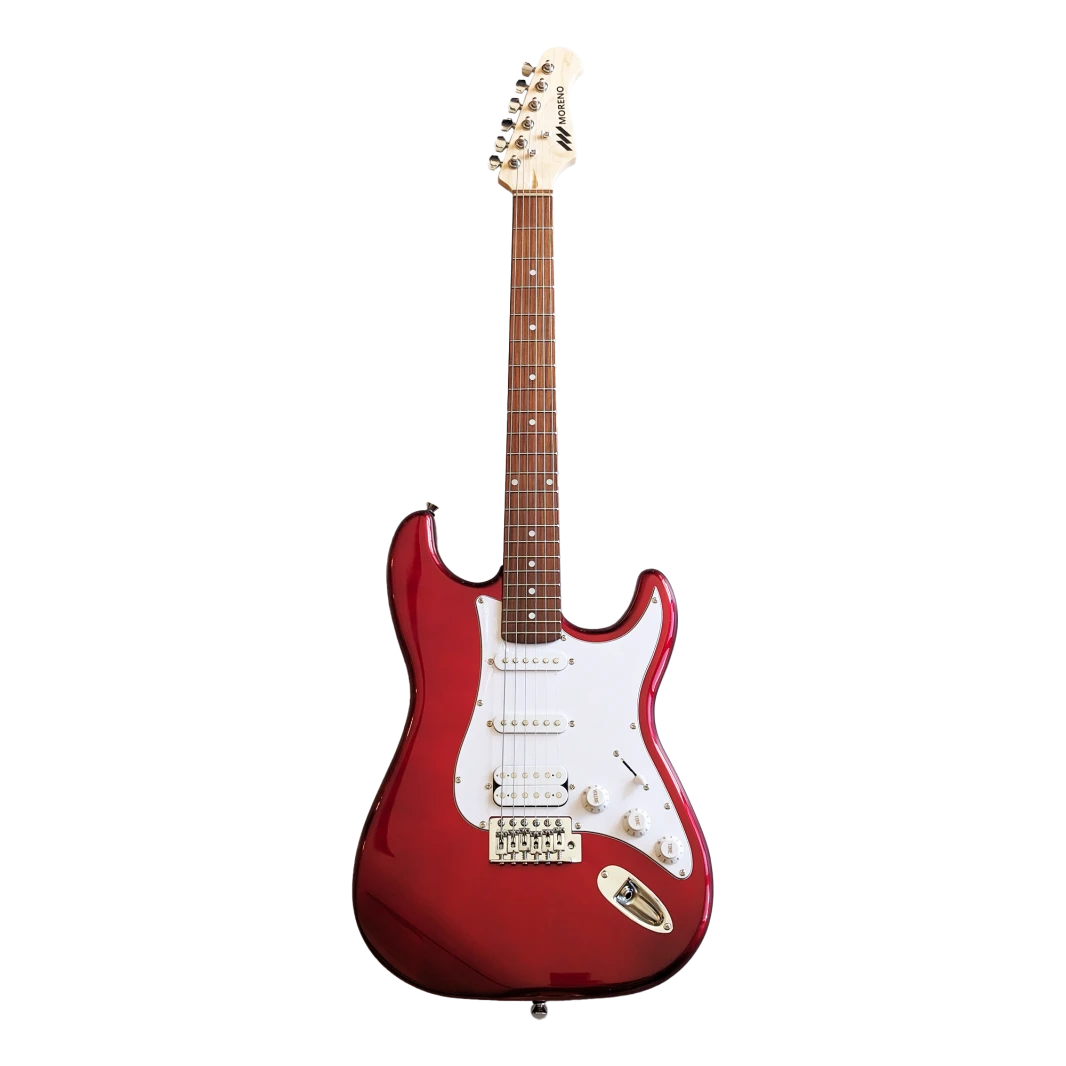 جيتار كهربائي مورينو ST-100 HSS Candy Apple Red مع حقيبة مبطنة وكابل و3 ريش
