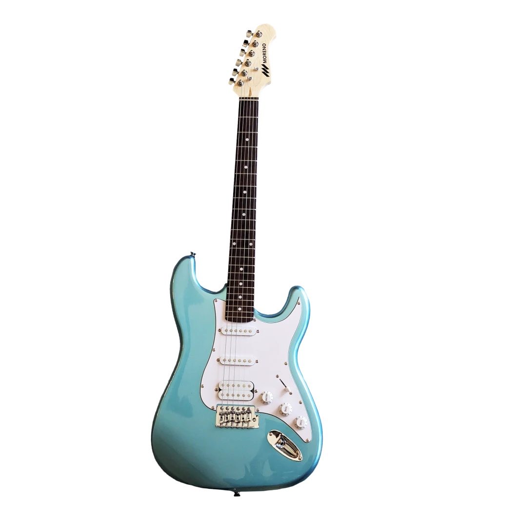 جيتار كهربائي مورينو ST-100 HSS Metallick Sky Blue مع حقيبة مبطنة وكابل و3 ريش