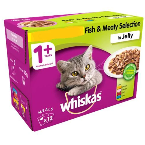 Whiskas wet food is a choice of fish and meat.
