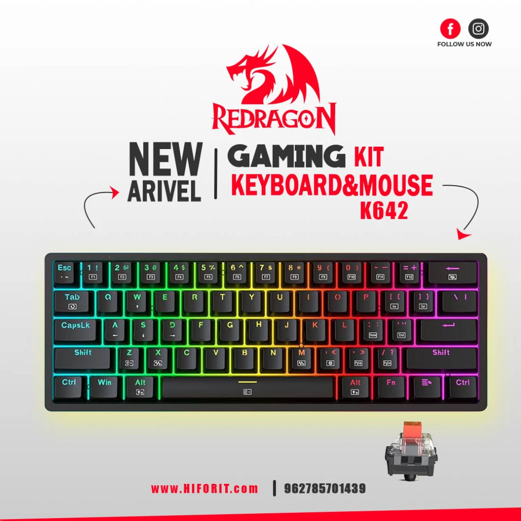 لوحة مفاتيح Redragon K642 سلكية سوداء 61%