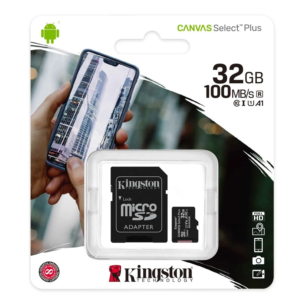 بطاقة ذاكرة KINGSTON MICRO SD سعة 32 جيجابايت + محول SD / Canvas Select