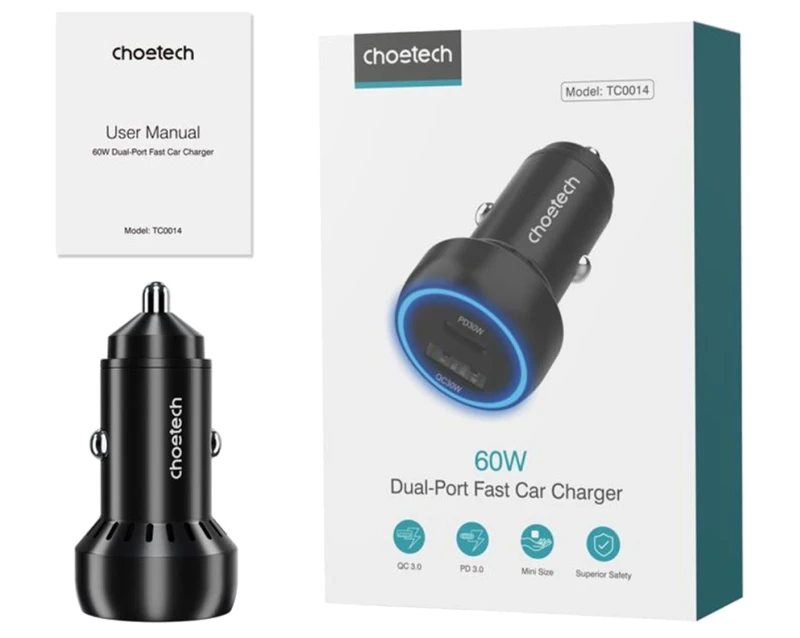 شاحن سيارة Choetech TC0014 بمنفذ USB مزدوج من النوع C/A بقوة 60 وات