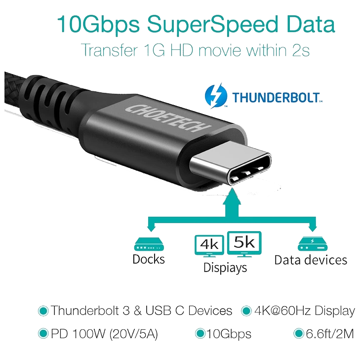 كابل مضفر للشحن السريع من Choetech XCC-1007 بقوة 100 وات من النوع C بطول 1.8 متر