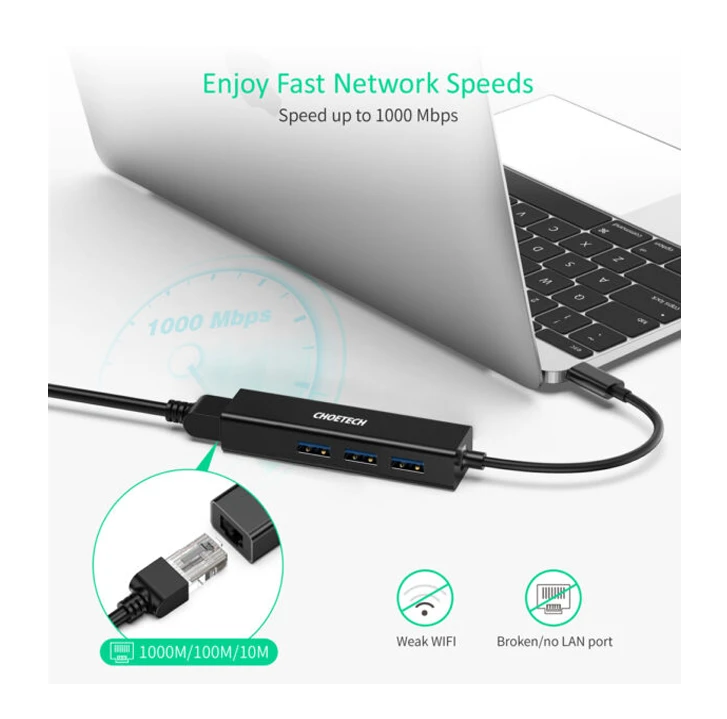 موزع Choetech HUB-U02 متعدد المنافذ 4 في 1 من النوع C إلى إيثرنت مع 3 منافذ USB 3.0