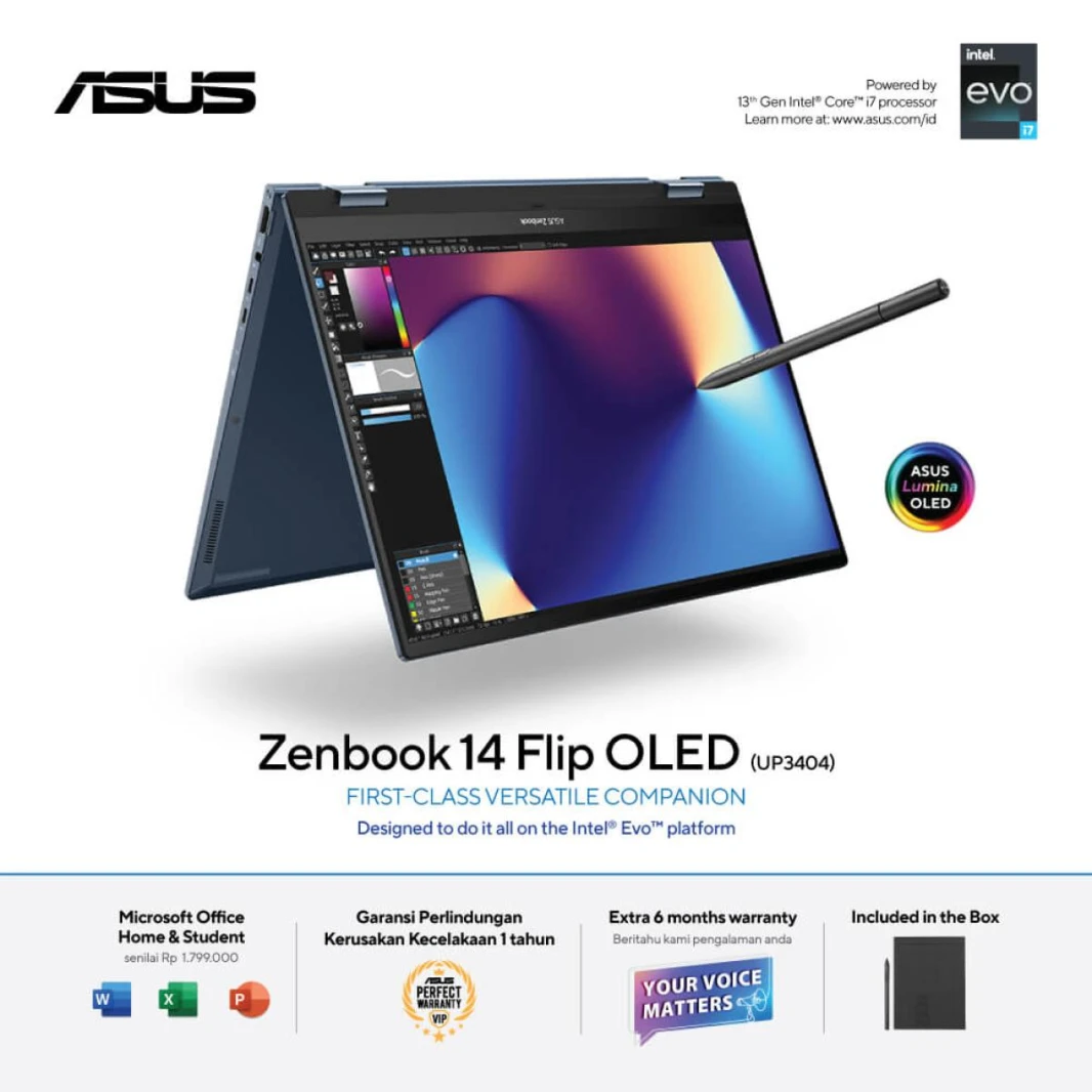 كمبيوتر محمول ASUS Zenbook 14 Flip OLED Intel Core i7-1360P Intel Evo™ Platform 14.0" Touch 2.8K OLED 550nits HDR SGS Eye Care Display قلم وغطاء - Ponder Blue