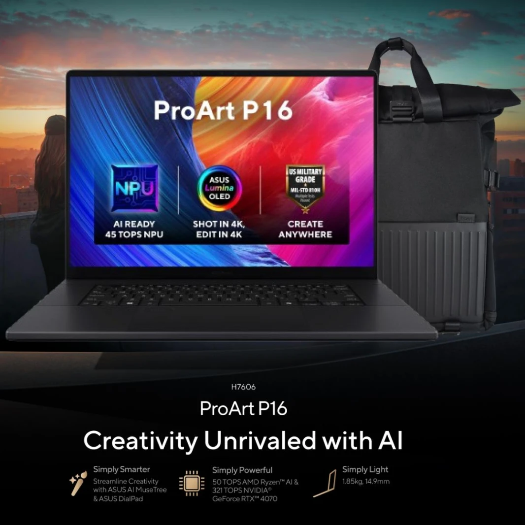 Laptop ProArt P16 AMD Ryzen™ AI 9 HX 370 Processor XDNA™ NPU up to 50TOPS NVIDIA GeForce RTX 4070 8GB GDDR6 16" 4K OLED 500nits HDR Touch - Nano Black