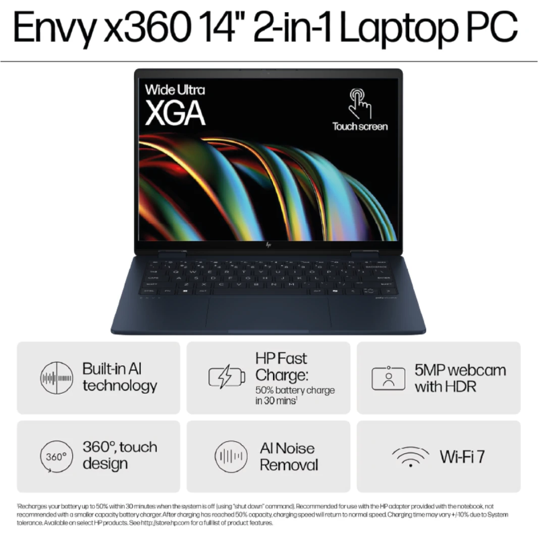 HP Envy x360 2-in-1 Laptop 14-fc0046ne Intel Core Ultra 7 155U Processor 12-Cores With Built-in AI 14" 360 Touch WUXGA 300 nits With Tilt Pen - Atmospheric Blue