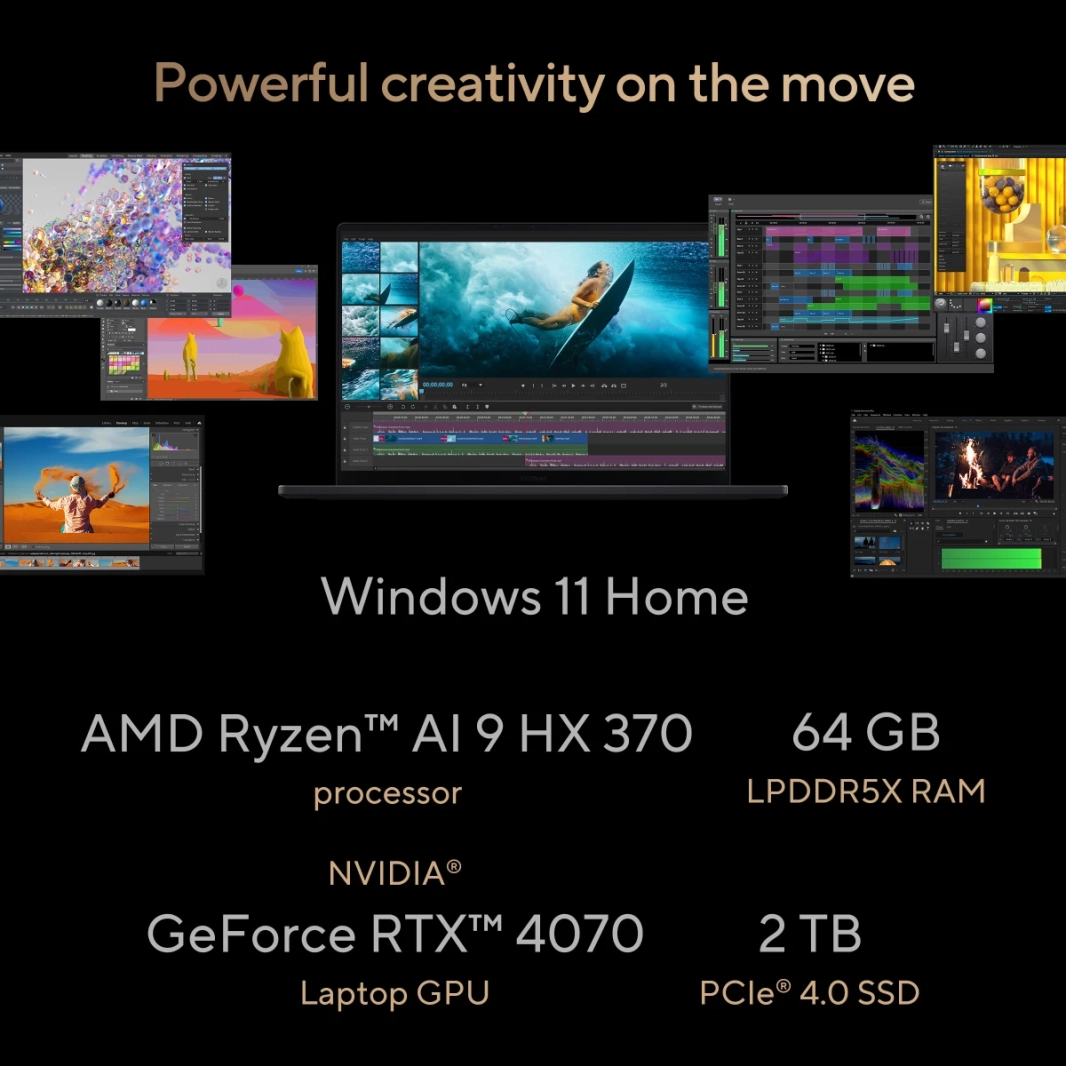 ASUS ProArt P16 (2024) H7606WI AMD Ryzen AI 9 HX 370 12-Cores أداء على مستوى الاستوديو ومتانة على مستوى عسكري مع Nvidia RTX 4070 8GB DDR6 وشاشة OLED 4K 240Hz تعمل باللمس