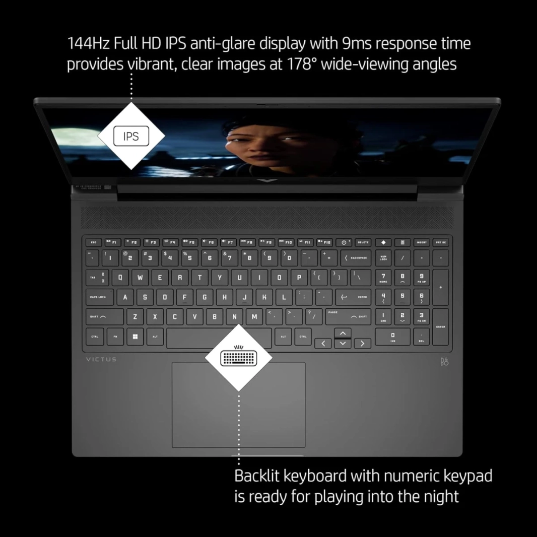 كمبيوتر محمول Victus من HP (2023) 15-fa1082wm جديد من الجيل الثالث من Intel Core i5 ثماني النواة مع شاشة Nvidia RTX 4050 6GB و144Hz - فضي ميكا
