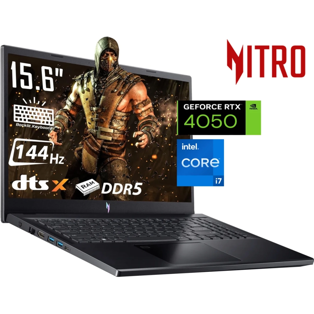 كمبيوتر محمول Acer Nitro V 15 (2023) ANV15-51-76ER من الجيل الثالث Intel Core i7 10-Cores مع ذاكرة DDR5 وبطاقة رسومات Nvidia RTX 4050 سعة 6 جيجابايت وشاشة بتردد 165 هرتز - أسود