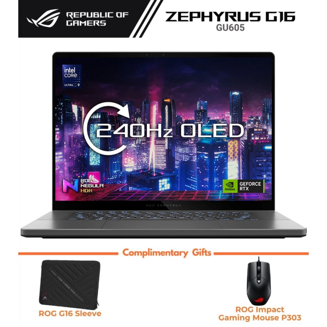 ASUS ROG Zephyrus G16 (2024) GU605MI Intel Core Ultra 9 AI Boost NPU 16-Core مع Nvidia RTX 4070 8GB وشاشة OLED بدقة 2.5K بمعدل تحديث 240 هرتز - رمادي