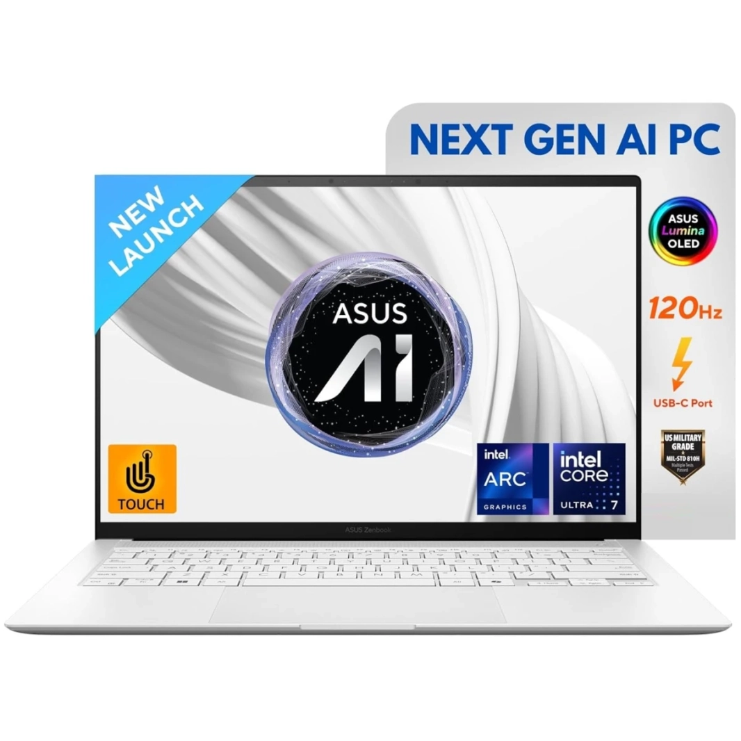 ASUS Zenbook S 14 (2024) UX5406SA جديد Intel Core Ultra 7 Gen II 256V الجيل التالي AI مع شاشة تعمل باللمس OLED بدقة 2.8K بمعدل تحديث 120 هرتز، أبيض إسكندنافي