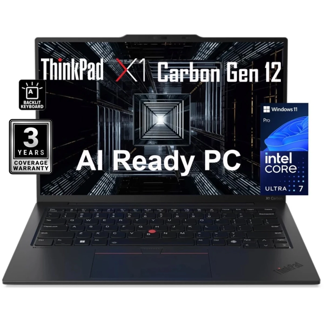 جهاز Lenovo الجديد ThinkPad X1 Carbon Gen 12 (2024) Intel Core Ultra 7 12-Cores مع Intel® AI Boost NPU وهيكل من ألياف الكربون والمغنيسيوم - أسود
