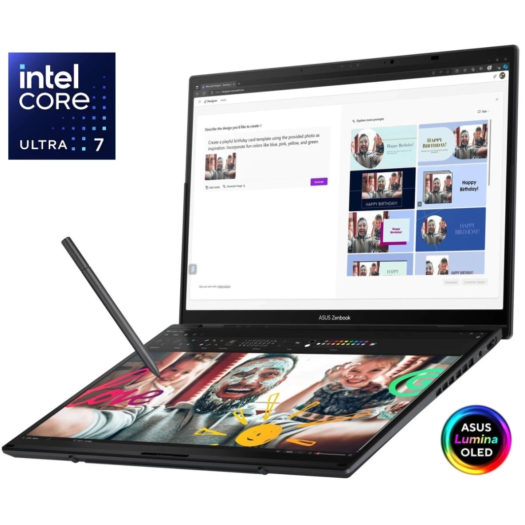 ASUS Zenbook Duo (2024) UX8406 ​​Intel Core Ultra 7 155H 16-Cores مع شاشتين OLED تعملان باللمس مقاس 14 بوصة وبطارية كبيرة - Inkwell Grey