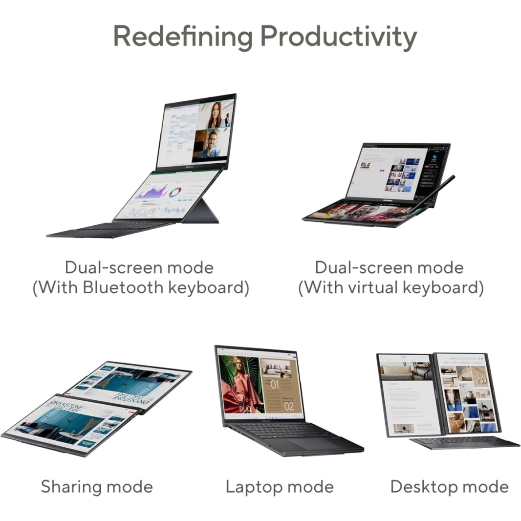 ASUS Zenbook Duo (2024) UX8406 ​​Intel Core Ultra 7 155H 16-Cores مع شاشتين OLED تعملان باللمس مقاس 14 بوصة وبطارية كبيرة - Inkwell Grey