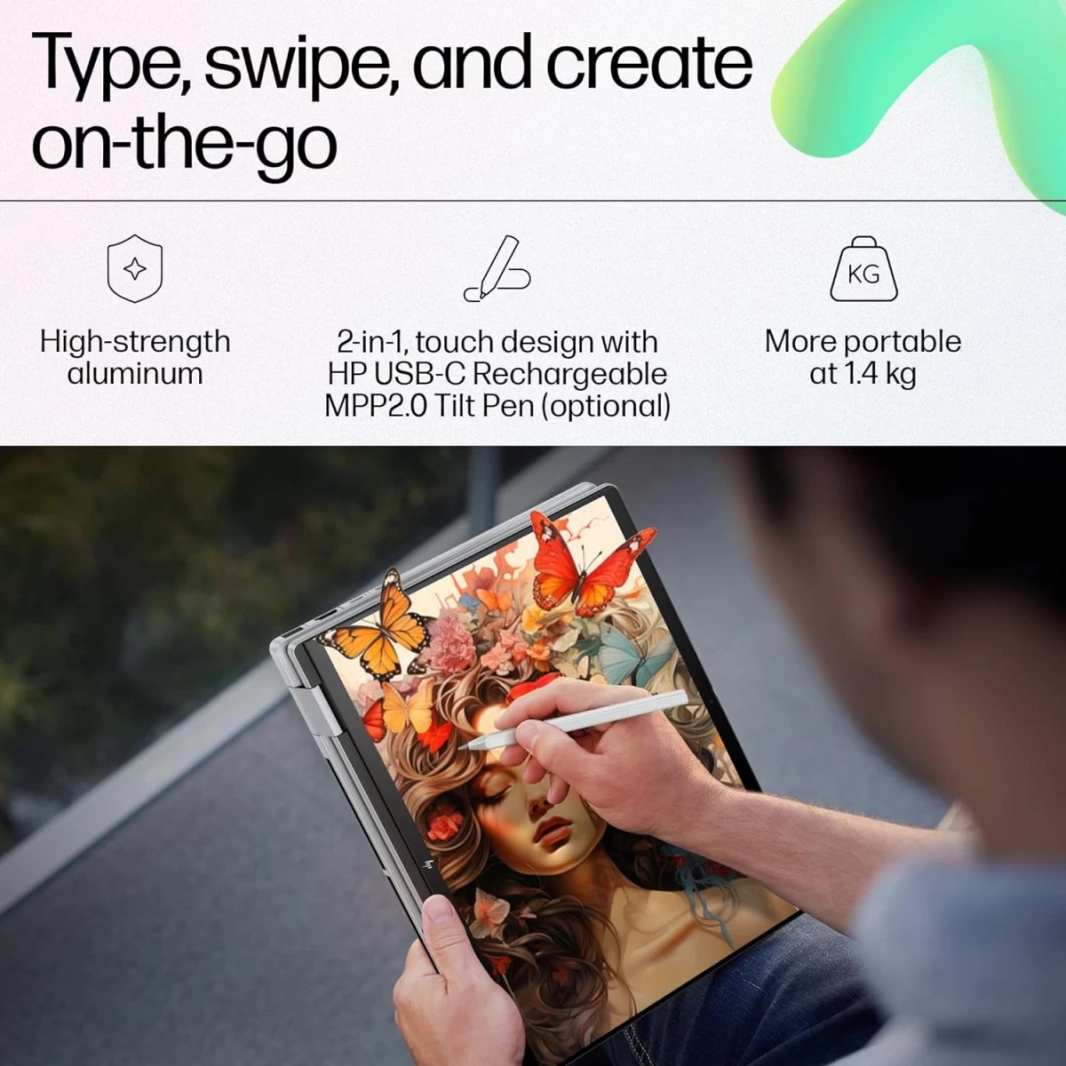 HP Envy X360 14 (2024) 14-es1013dx شاشة تعمل باللمس 2 في 1 بمعالج Intel Core Ultra 5 معزز بالذكاء الاصطناعي 10 أنوية - فضي