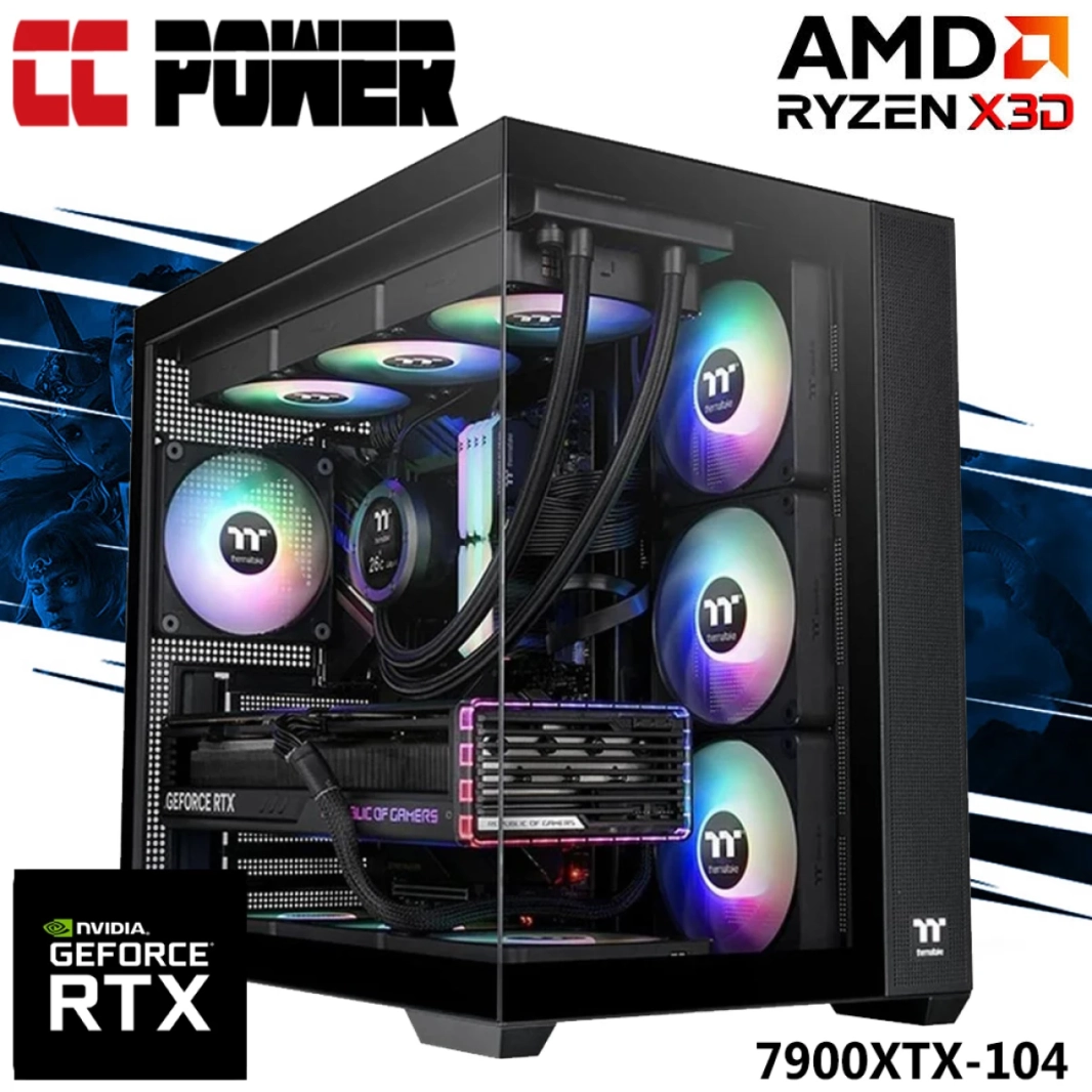 كمبيوتر ألعاب CC Power 7900XTX-104 جديد من الجيل التاسع AMD Ryzen 7 9800X3D 8-Cores مع AMD Radeon RX 7900 XTX 24GB DDR6 مع ذاكرة DDR5 ومبرد سائل