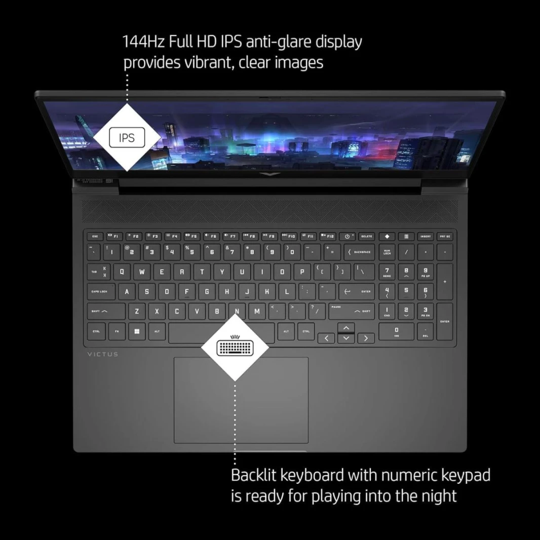 كمبيوتر محمول جديد Victus HP Gaming 2023 15-fa1082wm 13Gen Intel Core i5-13420H 4.60 جيجا هرتز NVIDIA GeForece RTX 4050 6GB 15.6 بوصة IPS 144 هرتز FHD - فضي ميكا