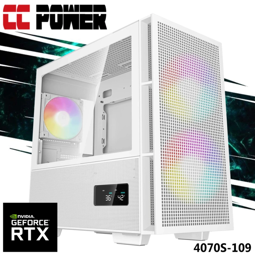 كمبيوتر ألعاب CC Power 4070S-109 جديد بمعالج AMD Ryzen 9 9900X 12-Cores من الجيل التاسع مع بطاقة رسومات Nvidia RTX 4070 SUPER سعة 12 جيجابايت DDR6 مع ذاكرة DDR5 ومبرد سائل