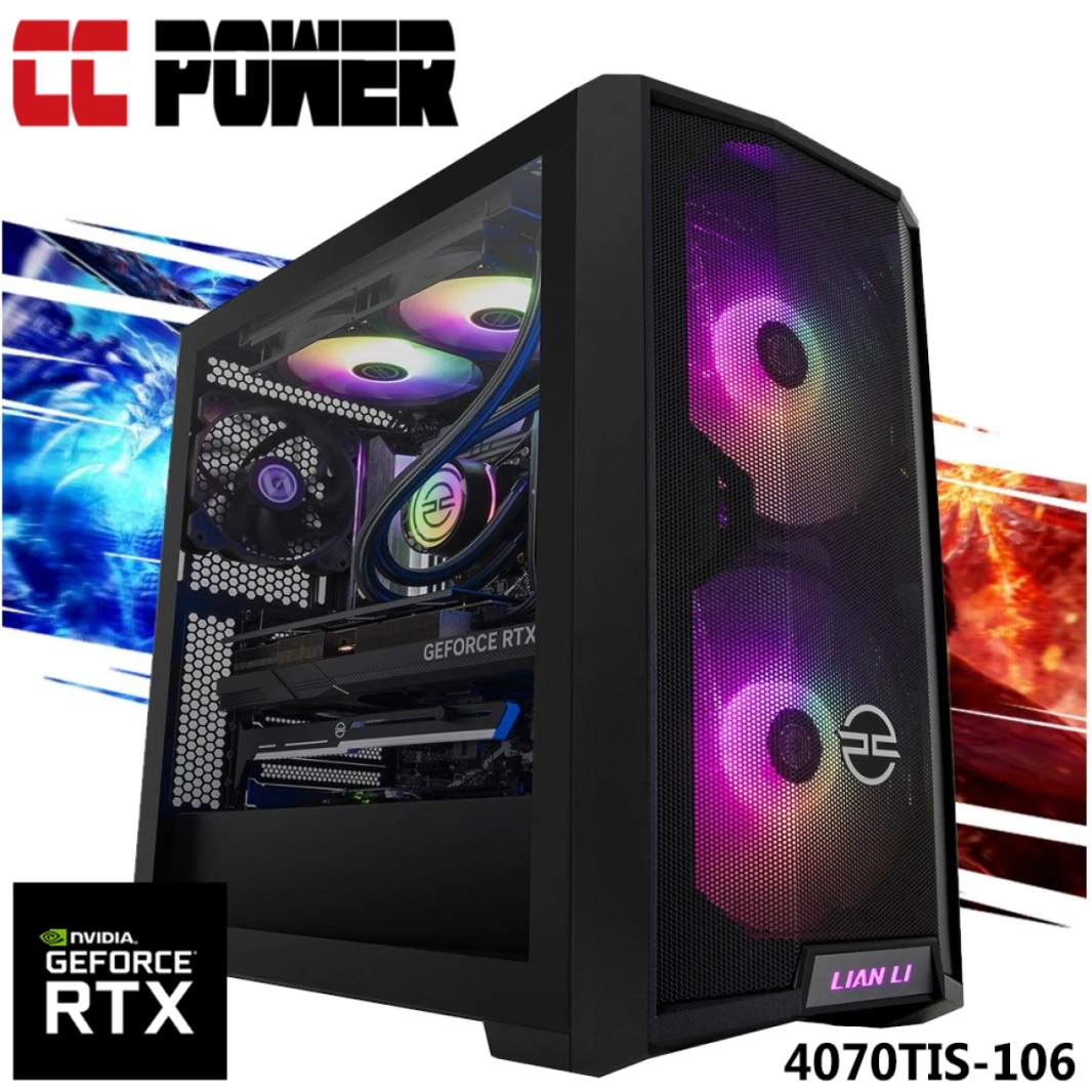 كمبيوتر ألعاب CC Power 4070TIS-106، معالج Intel Core i5 من الجيل الرابع، سلسلة K، 14 نواة، مع بطاقة رسومات Nvidia RTX 4070 TI SUPER سعة 16 جيجابايت ومبرد سائل