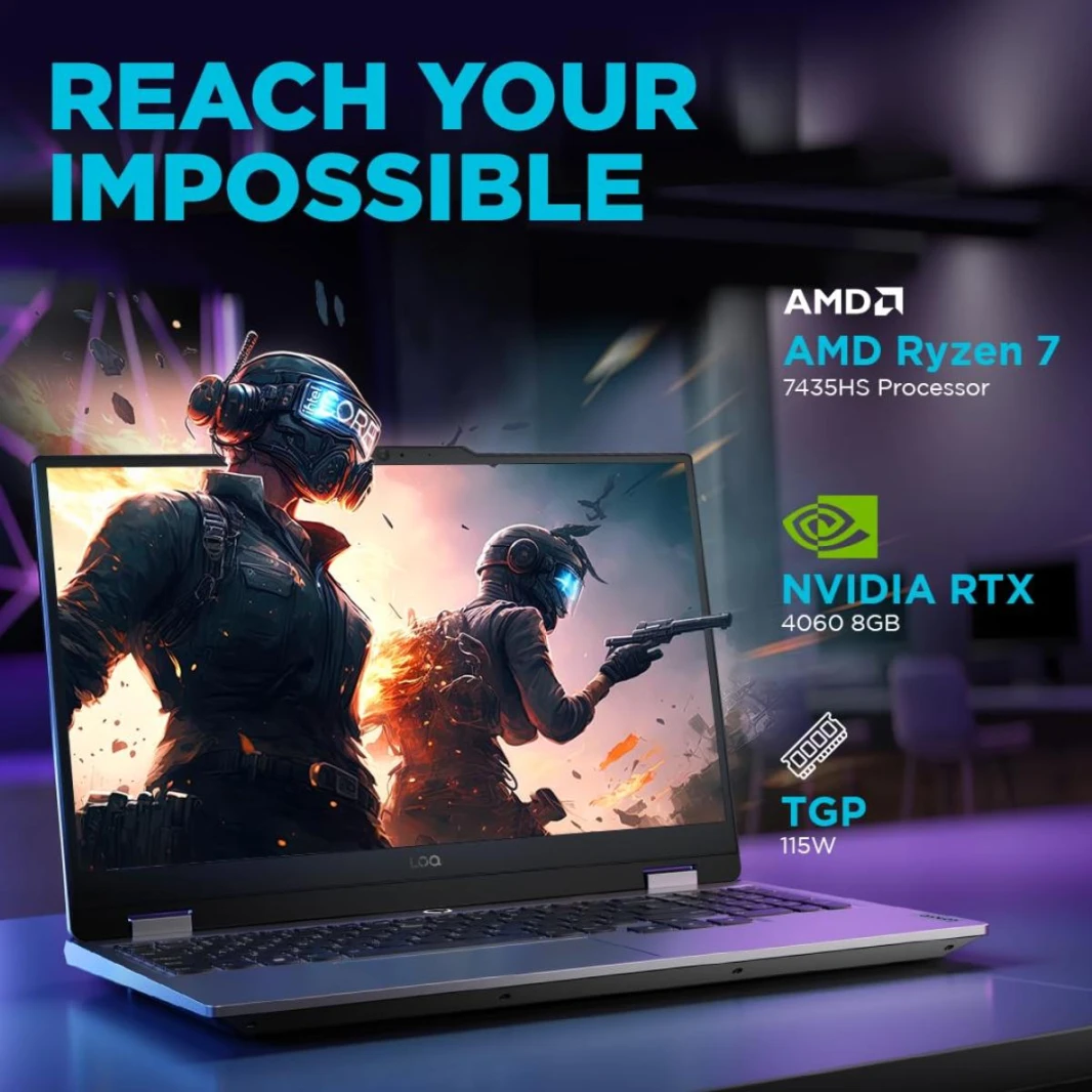 معالج AMD Ryzen 7 7435HS من Lenovo LOQ، شريحة Ai: LA1، NVIDIA GeForce RTX™ 4060، 8GB، 15.6 بوصة، FHD، معدل تحديث 144 هرتز - لونا جراي