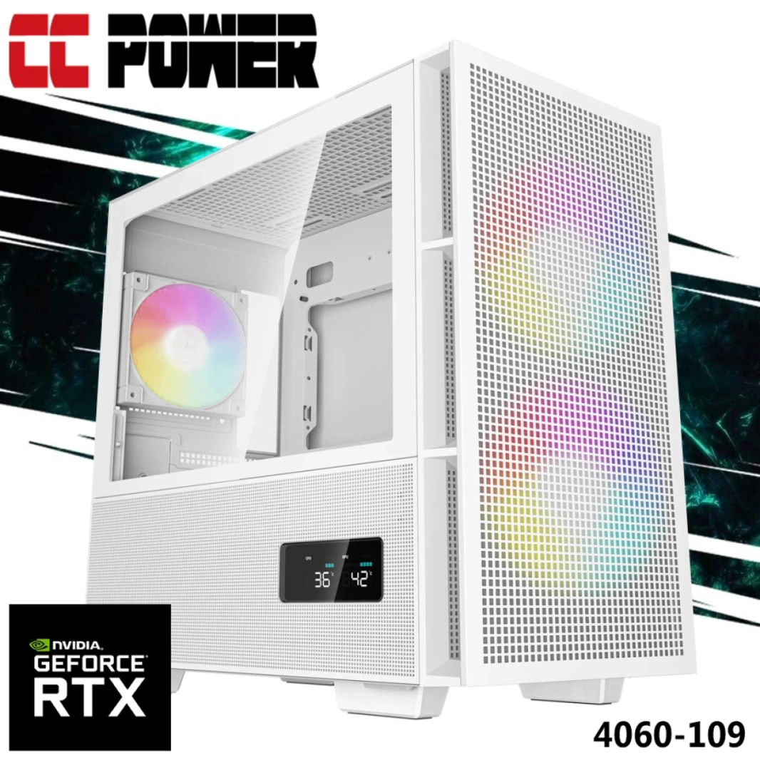 كمبيوتر ألعاب CC Power 4060-109 من الجيل الثامن AMD Ryzen 7 8700F 8-Cores مع Nvidia RTX 4060 8GB DDR6 ومبرد هواء متقدم - أبيض
