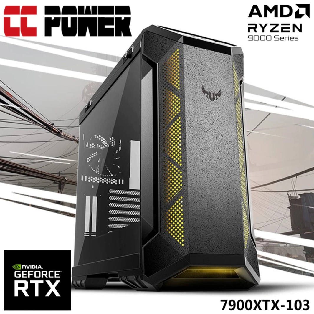 كمبيوتر ألعاب CC Power 7900XTX-103 جديد من الجيل التاسع AMD Ryzen 9 9950X 16-Cores مع AMD Radeon RX 7900 XTX 24GB DDR6 مع ذاكرة DDR5 ومبرد هواء متقدم