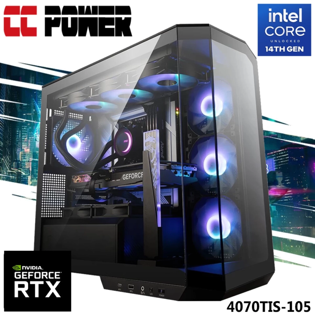 كمبيوتر ألعاب CC Power 4070TIS-105 جديد بمعالج Intel Core i7 من الجيل الرابع 20-Cores مع RTX 4070TI SUPER 16GB DDR6 مع ذاكرة DDR5 ومبرد هواء متقدم